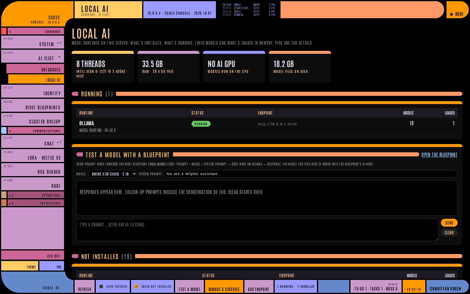 CODEX screenshot (website). Local AI: model runtimes on the server, installed models and a blueprint model tester