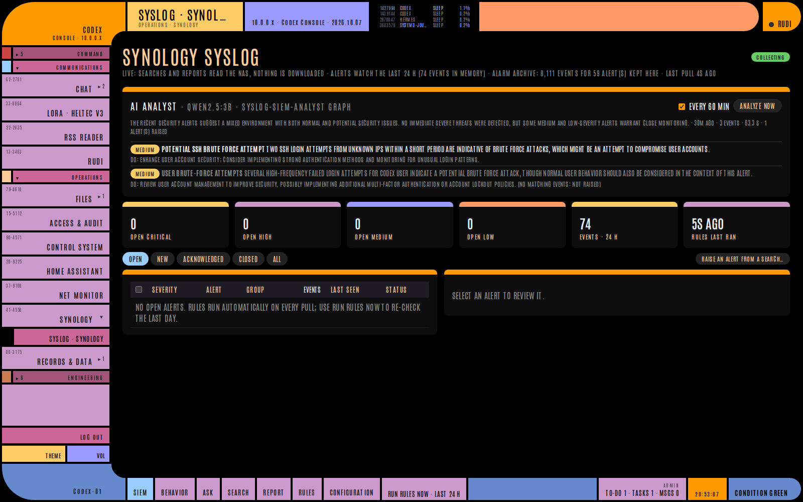 CODEX screenshot (website). Syslog + SIEM: NAS log collection with an AI security analyst